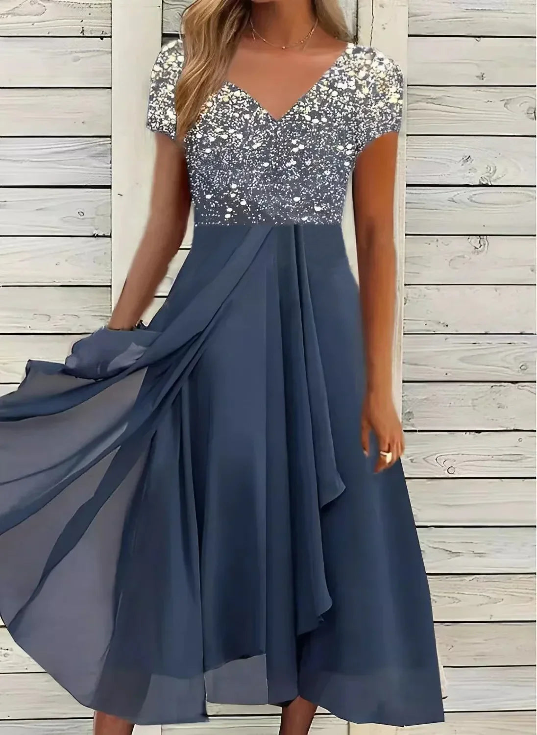 Women's A-Line Evening Dress with V-Neck and Short Sleeves