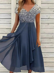Women's A-Line Evening Dress with V-Neck and Short Sleeves