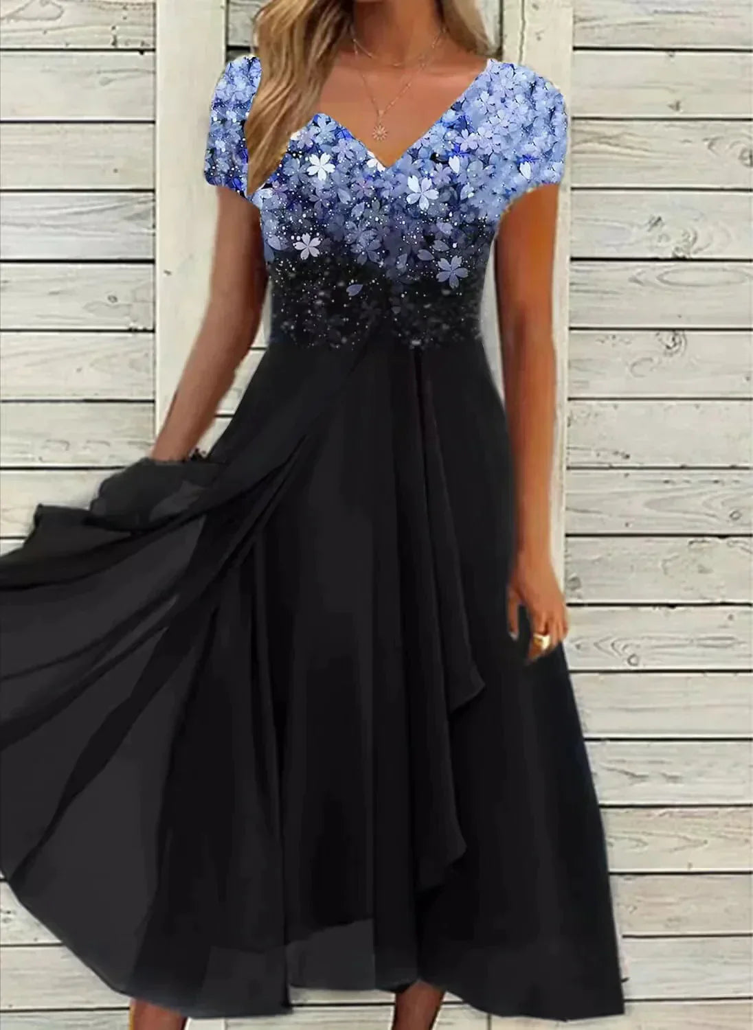 Women's A-Line Evening Dress with V-Neck and Short Sleeves