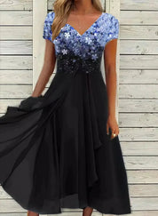 Women's A-Line Evening Dress with V-Neck and Short Sleeves