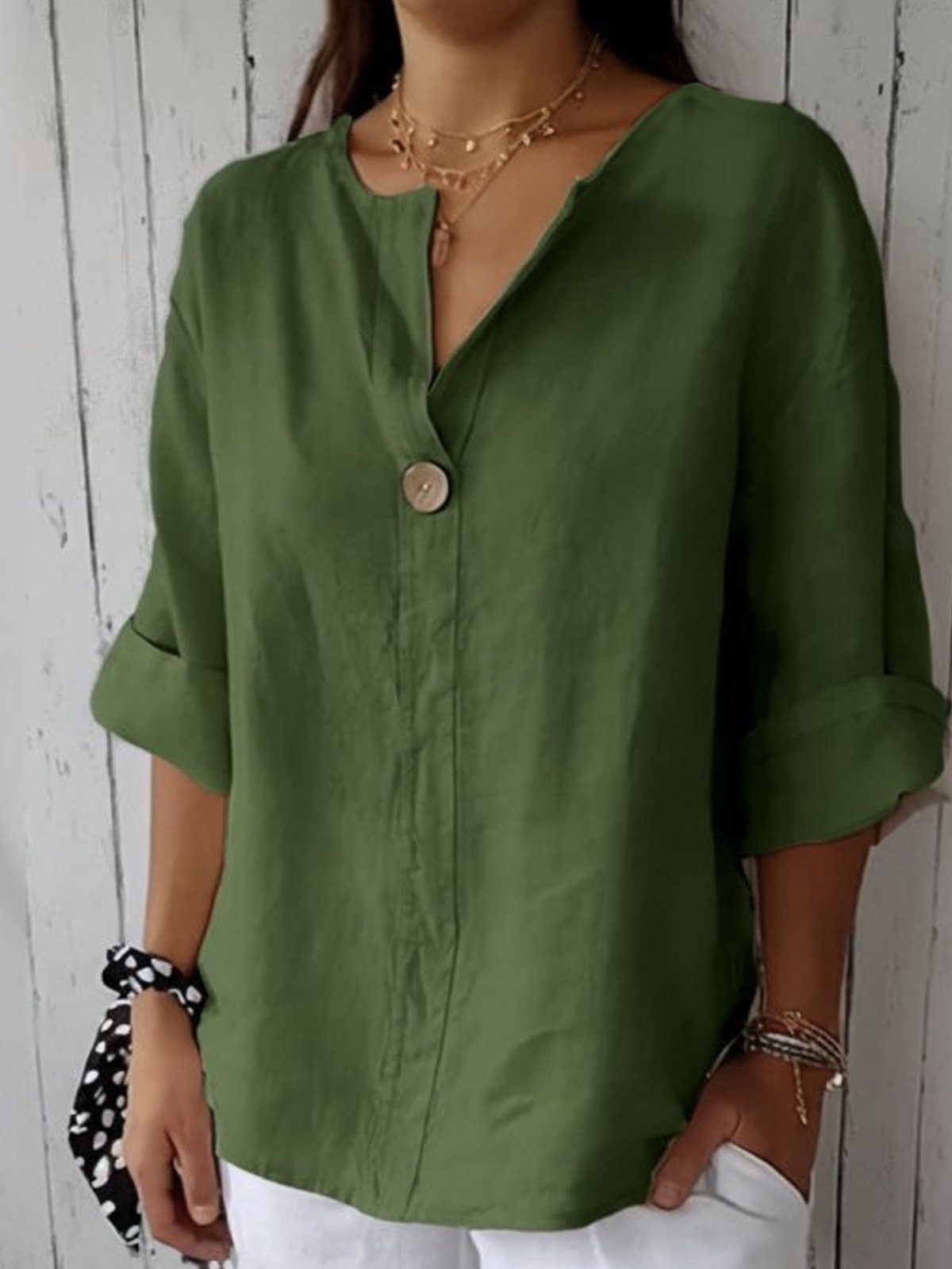 Women's Casual Button-Up V-Neck Top with Rolled Sleeves