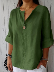Women's Casual Button-Up V-Neck Top with Rolled Sleeves