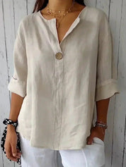 Women's Casual Button-Up V-Neck Top with Rolled Sleeves