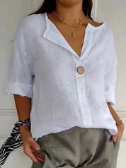 Women's Casual Button-Up V-Neck Top with Rolled Sleeves