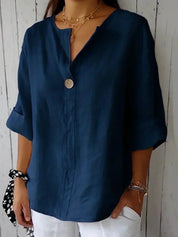 Women's Casual Button-Up V-Neck Top with Rolled Sleeves