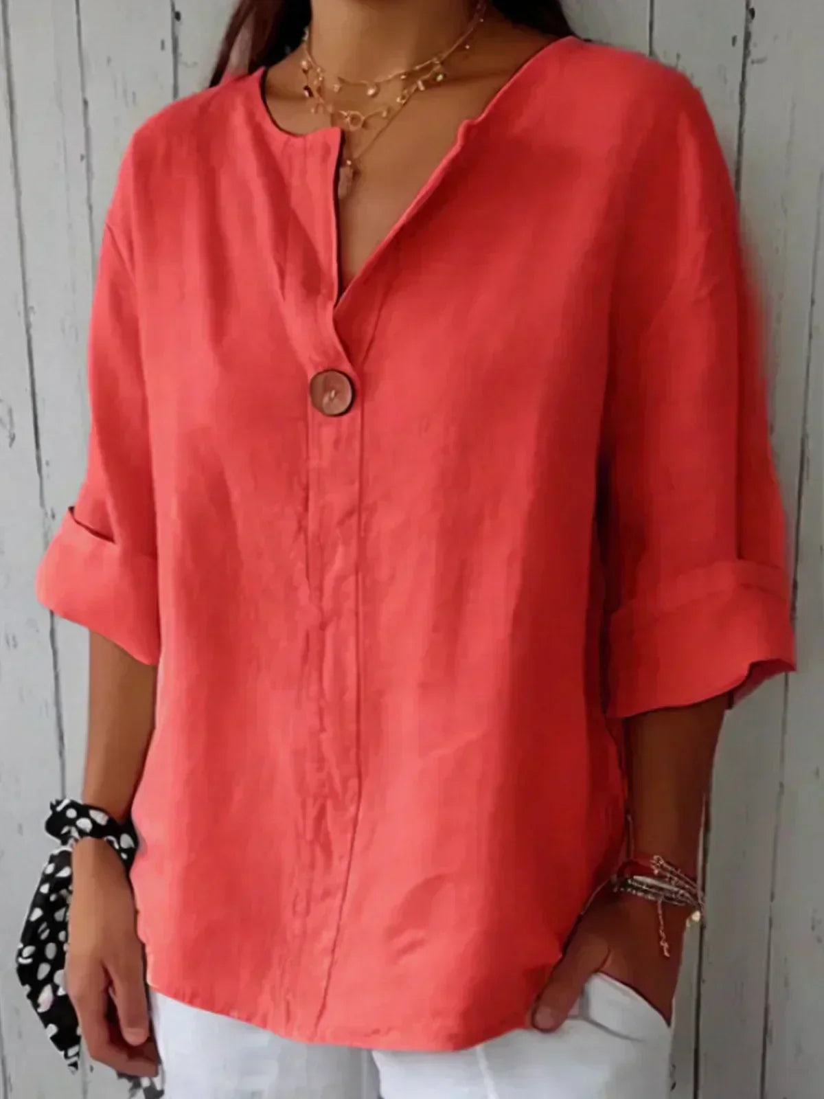 Women's Casual Button-Up V-Neck Top with Rolled Sleeves