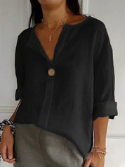 Women's Casual Button-Up V-Neck Top with Rolled Sleeves