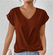 Women's Casual V-Neck Top with Knot Detail and Rolled Sleeves