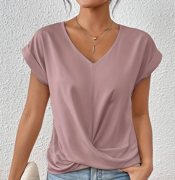 Women's Casual V-Neck Top with Knot Detail and Rolled Sleeves