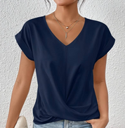 Women's Casual V-Neck Top with Knot Detail and Rolled Sleeves