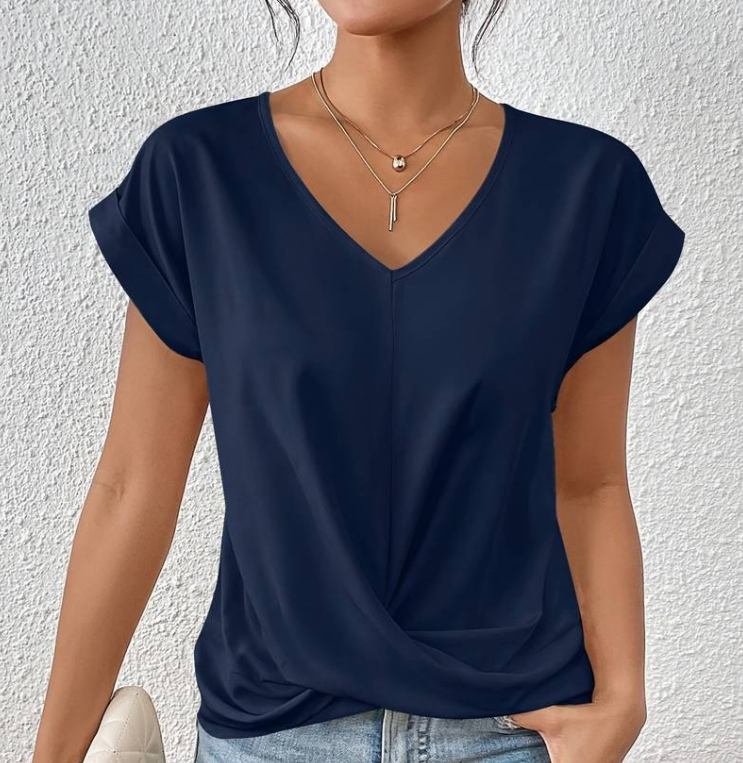 Women's Casual V-Neck Top with Knot Detail and Rolled Sleeves