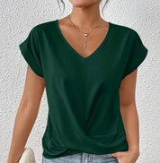 Women's Casual V-Neck Top with Knot Detail and Rolled Sleeves