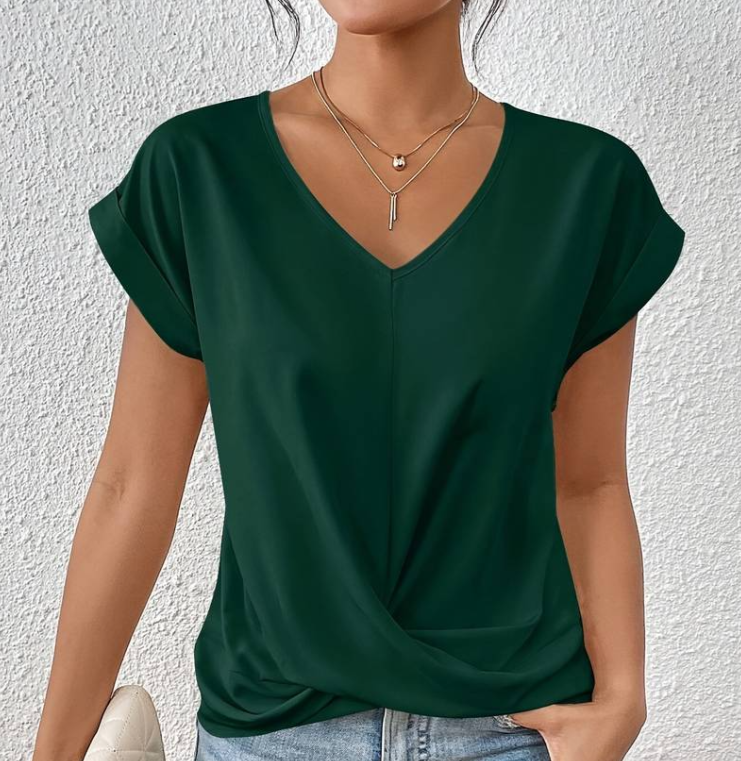 Women's Casual V-Neck Top with Knot Detail and Rolled Sleeves