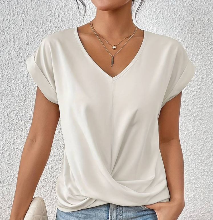 Women's Casual V-Neck Top with Knot Detail and Rolled Sleeves