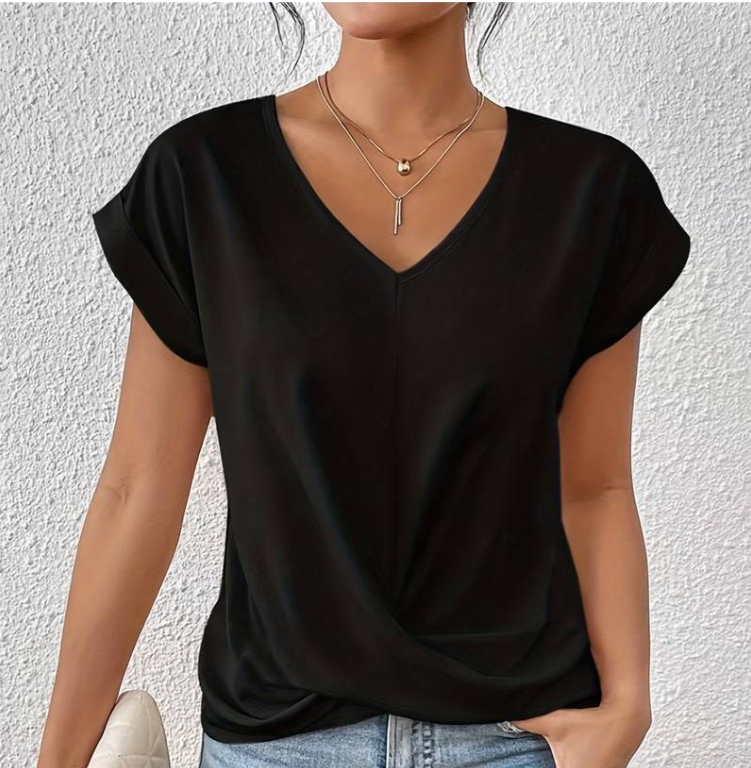 Women's Casual V-Neck Top with Knot Detail and Rolled Sleeves
