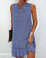 Women's Casual Sleeveless Dress with Keyhole Tie Neck and Ruffle Hem