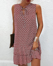 Women's Casual Sleeveless Dress with Keyhole Tie Neck and Ruffle Hem