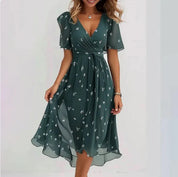 Women's Midi Wrap Dress with Deep V-Neck and Short Puff Sleeves