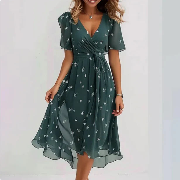Women's Midi Wrap Dress with Deep V-Neck and Short Puff Sleeves