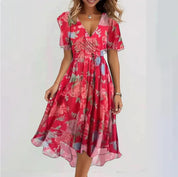 Women's Midi Wrap Dress with Deep V-Neck and Short Puff Sleeves