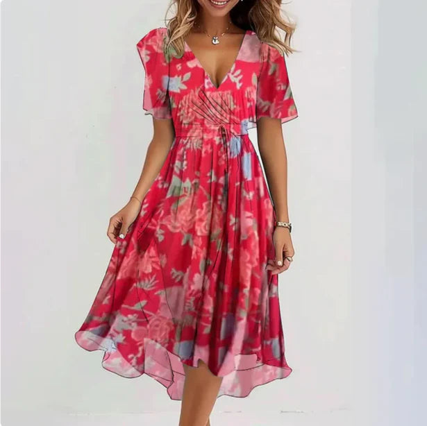 Women's Midi Wrap Dress with Deep V-Neck and Short Puff Sleeves