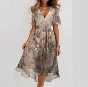 Women's Midi Wrap Dress with Deep V-Neck and Short Puff Sleeves