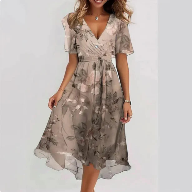 Women's Midi Wrap Dress with Deep V-Neck and Short Puff Sleeves