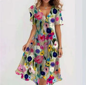 Women's Midi Wrap Dress with Deep V-Neck and Short Puff Sleeves