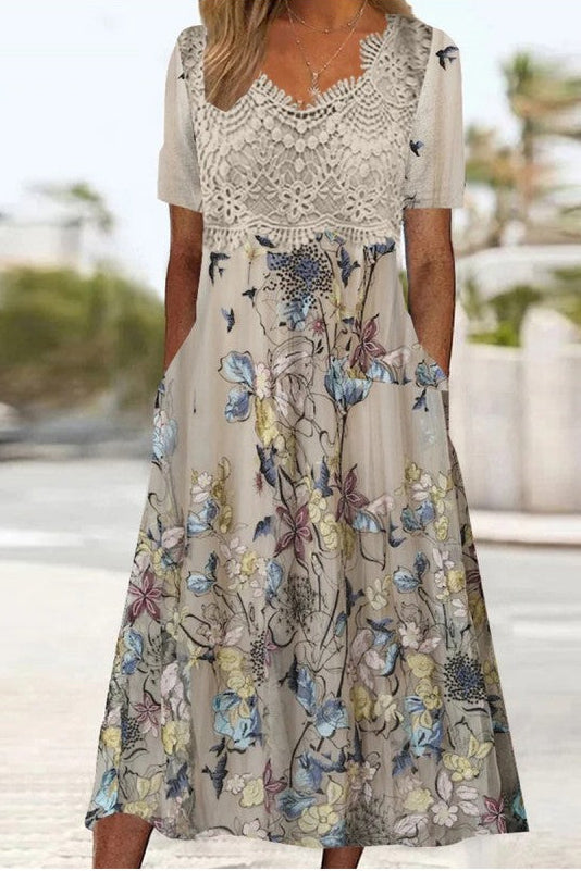 Women's Maxi Dress with Crochet Bustier and Floral Print