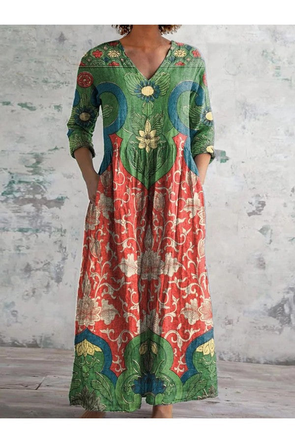 Women's Maxi Dress with V-Neck and Three-Quarter Sleeves