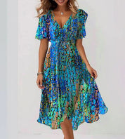 Women's Midi Wrap Dress with V-Neck and Short Puff Sleeves