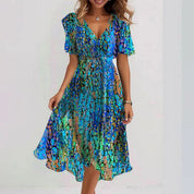 Women's Midi Wrap Dress with V-Neck and Short Puff Sleeves