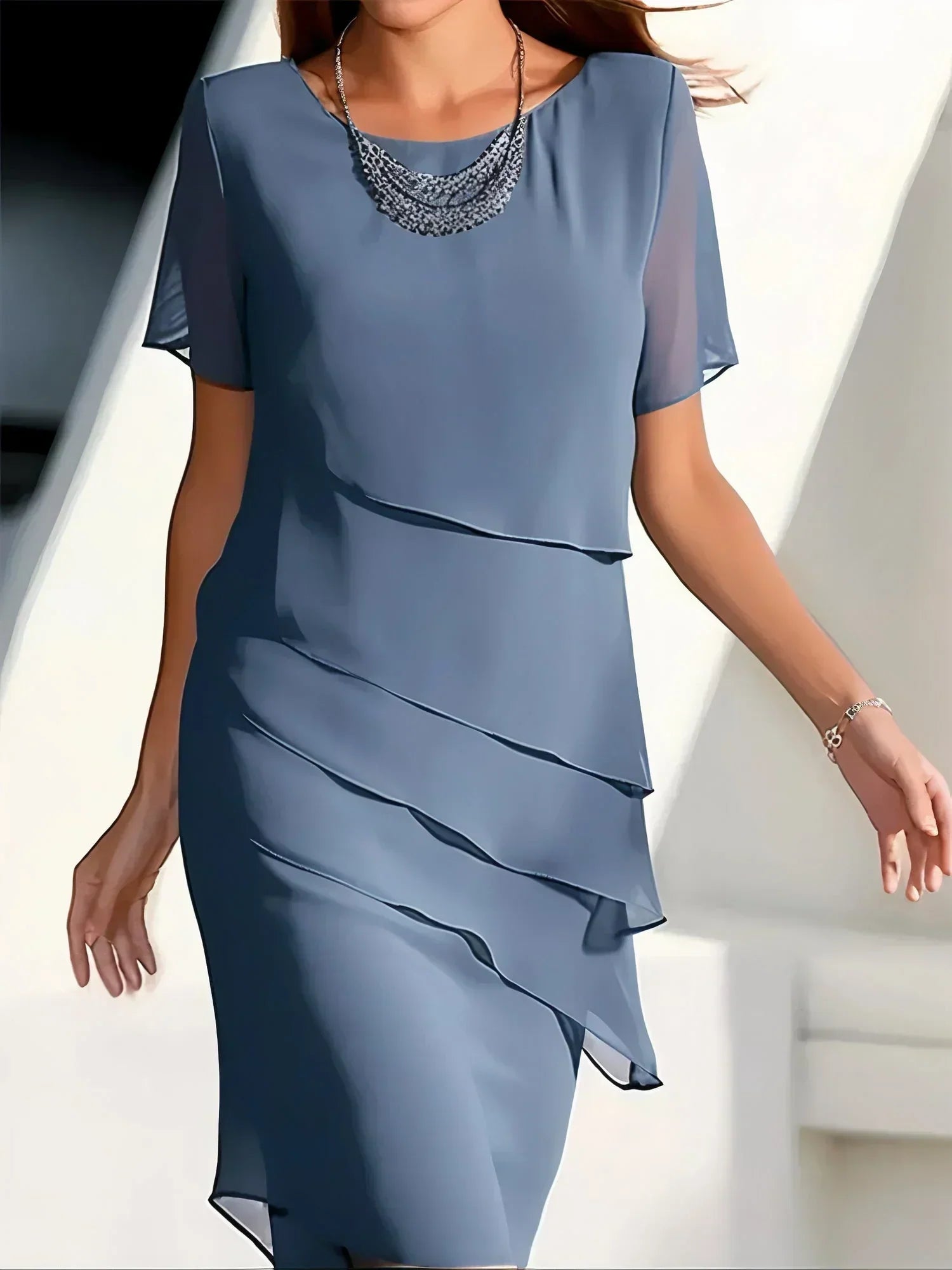 Women's layered dress with cascading fabric and short sleeves