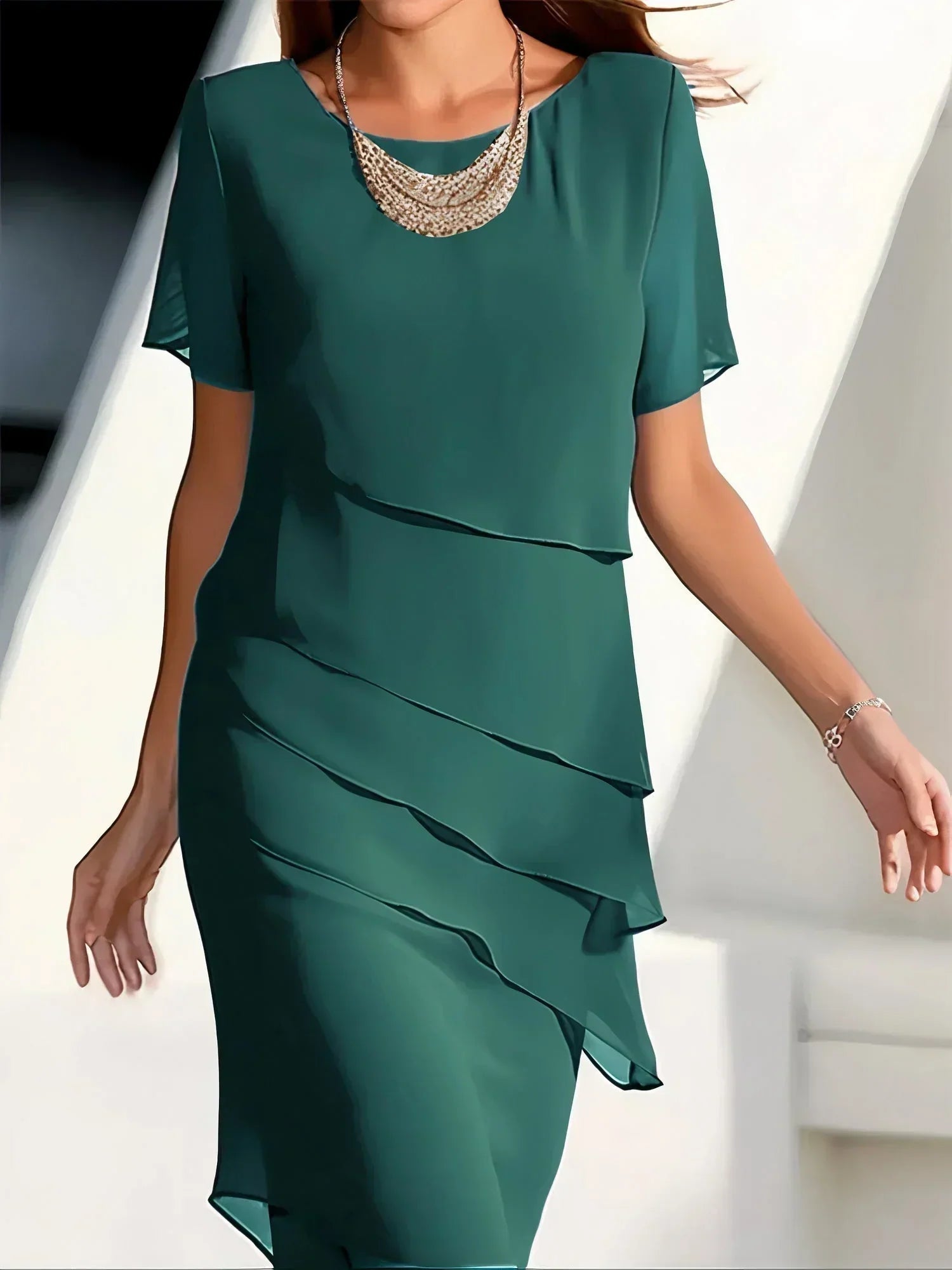 Women's layered dress with cascading fabric and short sleeves