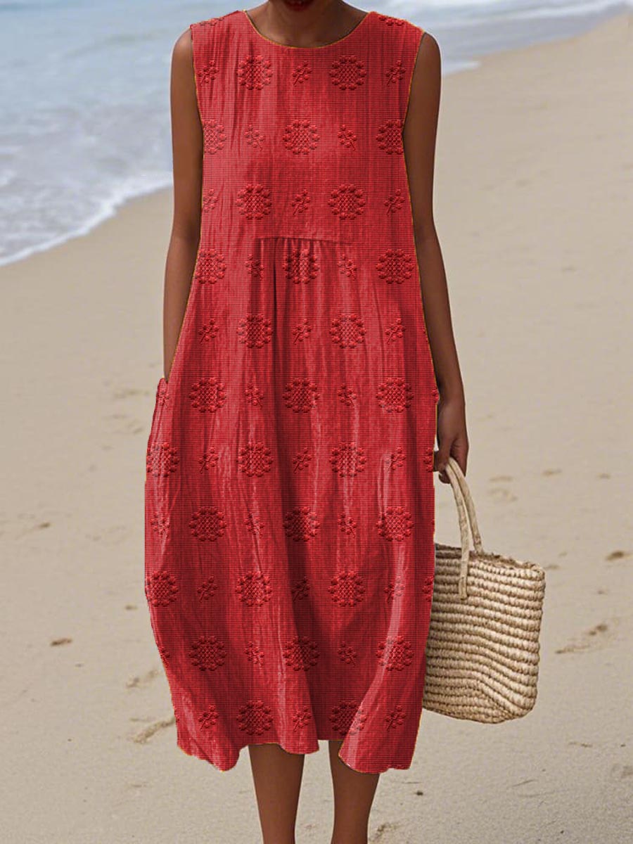 Women's Sleeveless Midi Dress with Embroidered Flowers and Side Pockets