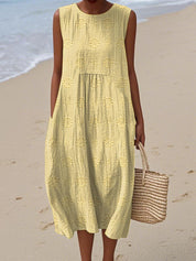 Women's Sleeveless Midi Dress with Embroidered Flowers and Side Pockets