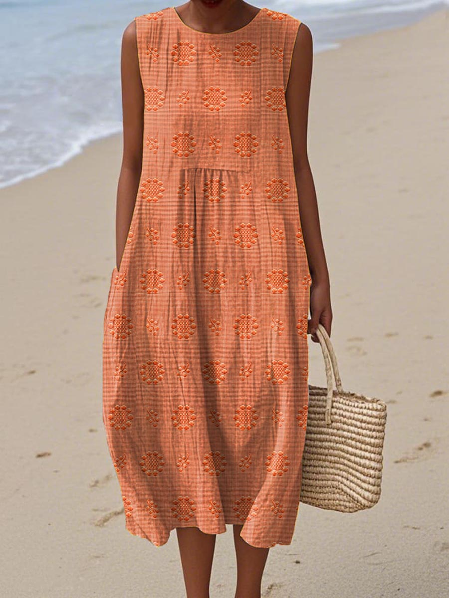 Women's Sleeveless Midi Dress with Embroidered Flowers and Side Pockets