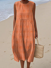 Women's Sleeveless Midi Dress with Embroidered Flowers and Side Pockets