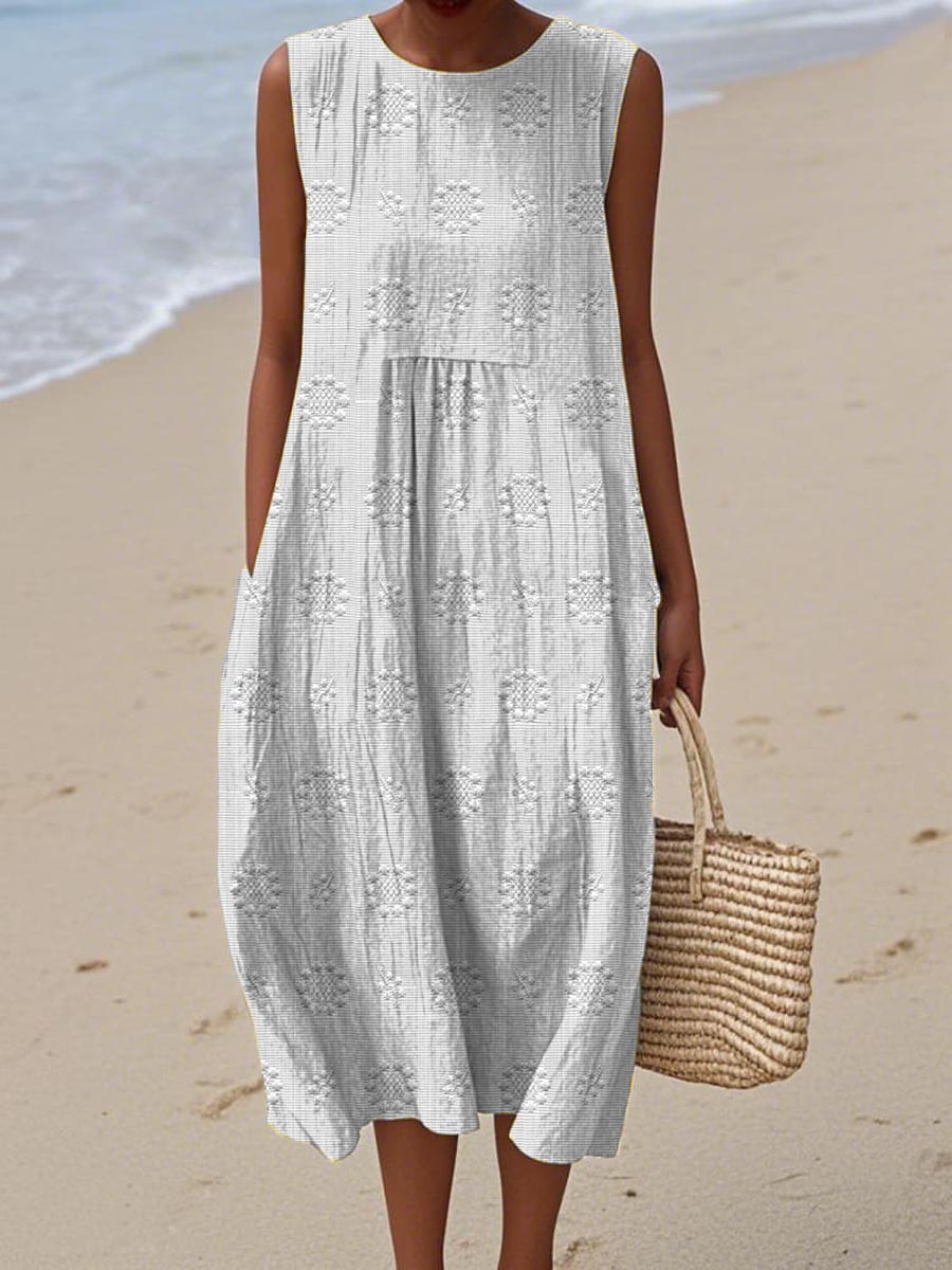 Women's Sleeveless Midi Dress with Embroidered Flowers and Side Pockets