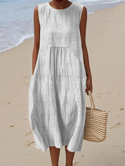 Women's Sleeveless Midi Dress with Embroidered Flowers and Side Pockets