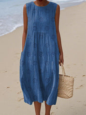 Women's Sleeveless Midi Dress with Embroidered Flowers and Side Pockets