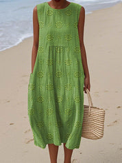 Women's Sleeveless Midi Dress with Embroidered Flowers and Side Pockets