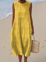 Women's Sleeveless Midi Dress with Embroidered Flowers and Side Pockets