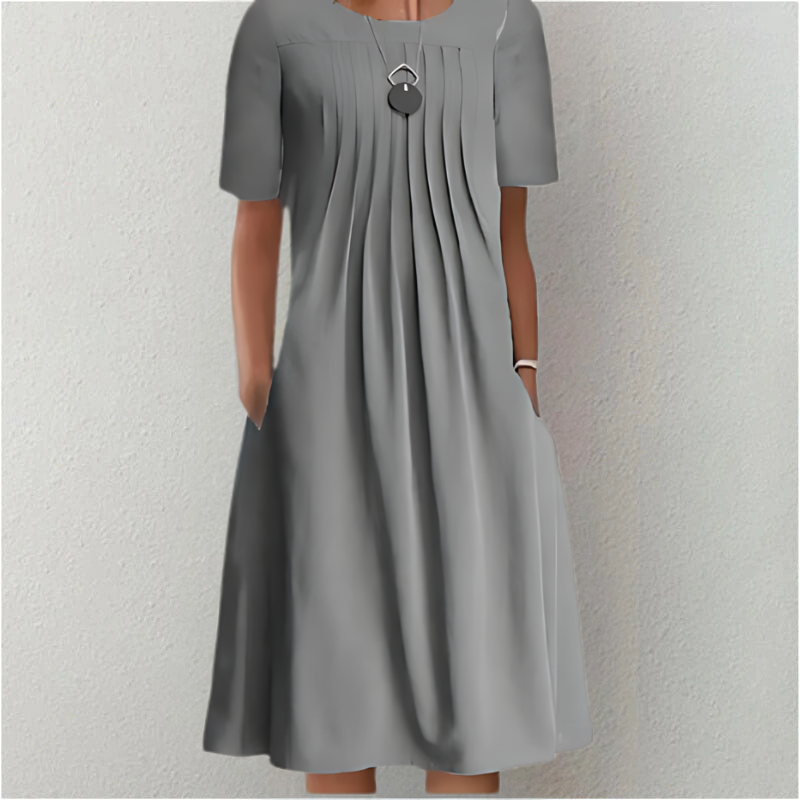 Women's Pleated A-Line Dress with Round Neck and Short Sleeves