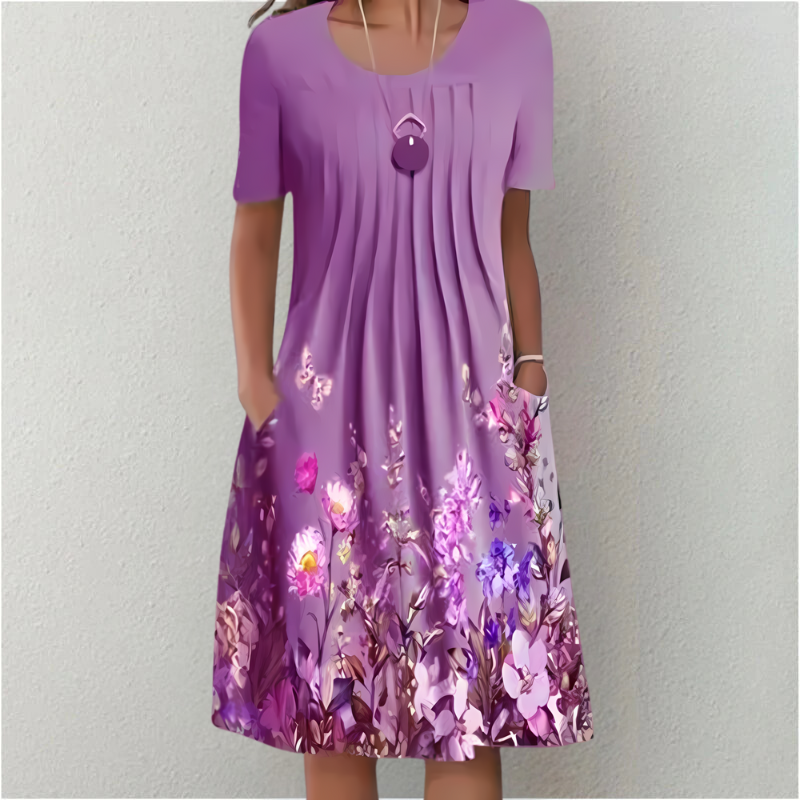 Women's Pleated A-Line Dress with Round Neck and Short Sleeves