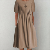 Women's Pleated A-Line Dress with Round Neck and Short Sleeves
