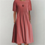Women's Pleated A-Line Dress with Round Neck and Short Sleeves