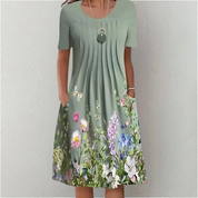 Women's Pleated A-Line Dress with Round Neck and Short Sleeves