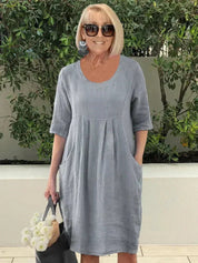 Women's Casual Dress with Elbow-Length Sleeves and Side Pockets