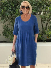 Women's Casual Dress with Elbow-Length Sleeves and Side Pockets